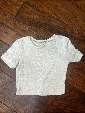 Zara ivory open‎ crochet knit jacquard short sleeve crop top